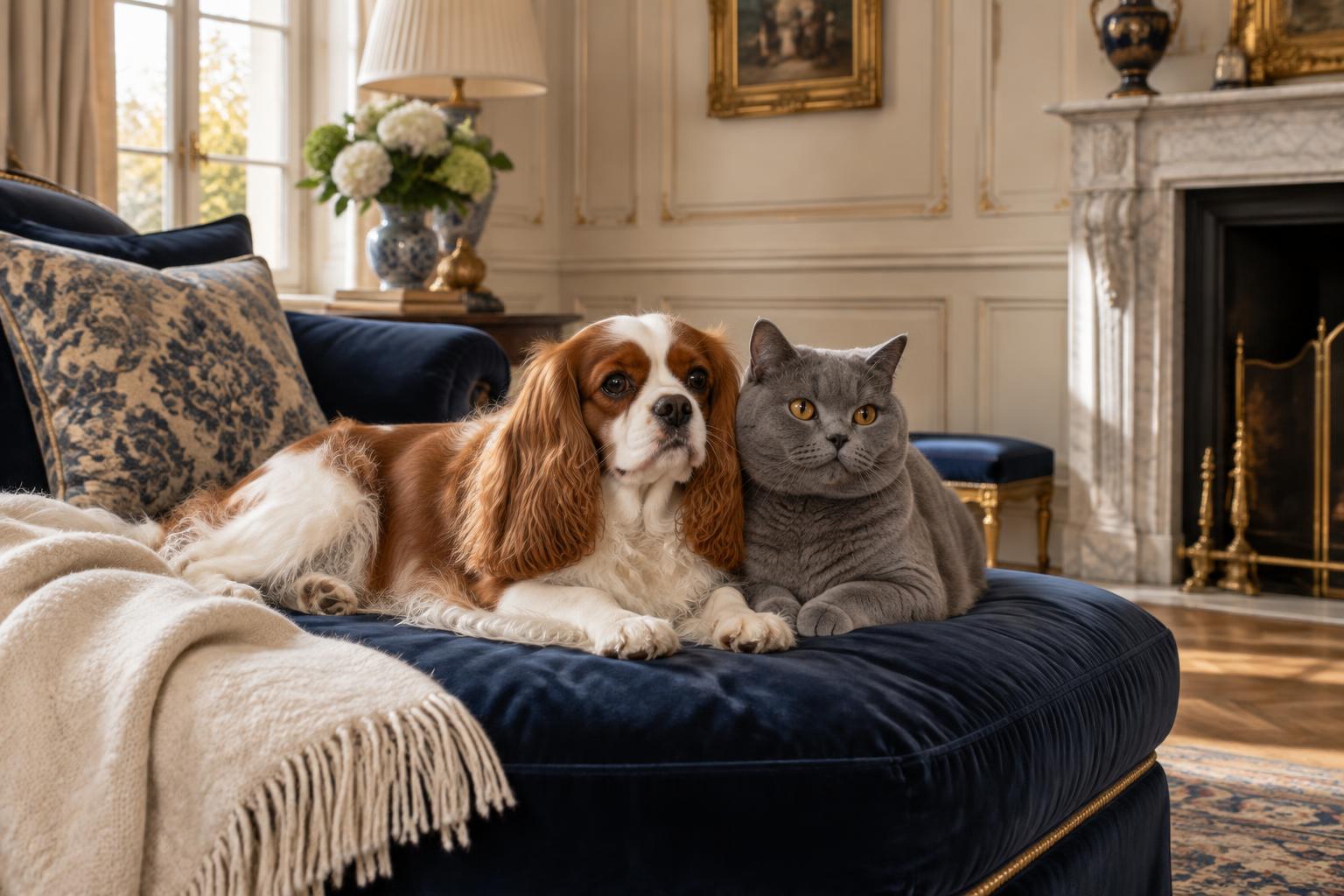 A Cavalier King Charles Spaniel and British Shorthair cat rest closely together on a navy velvet daybed in a sunlit French-classical salon.