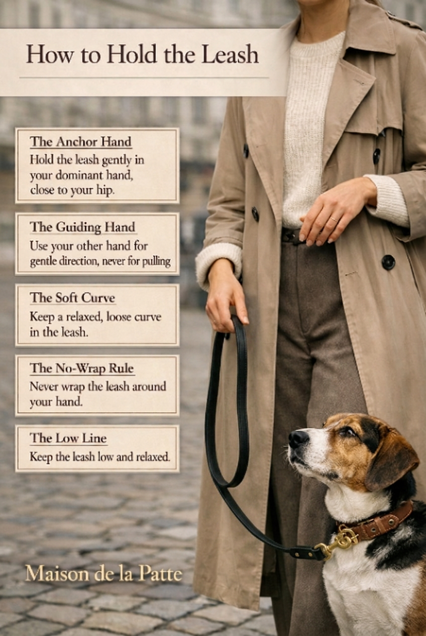 A woman in a beige trench coat holds a black leather leash in a soft curve beside her beagle on a Parisian cobblestone street.